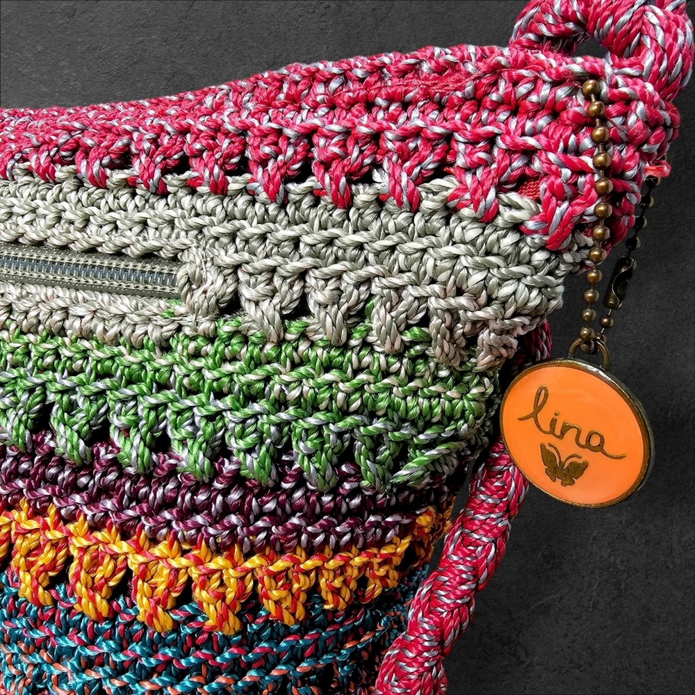 LINA Small Crochet Shoulder Bag Striped Shoulder Strap Hippie Festival 20" Strap - Picture 6 of 12